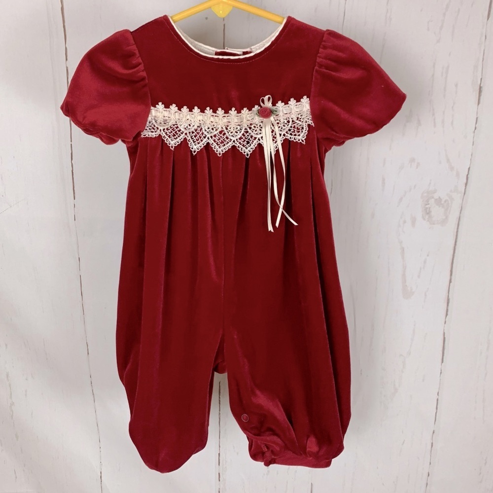 Vintage red velvet baby romper lace rosette 6-9m